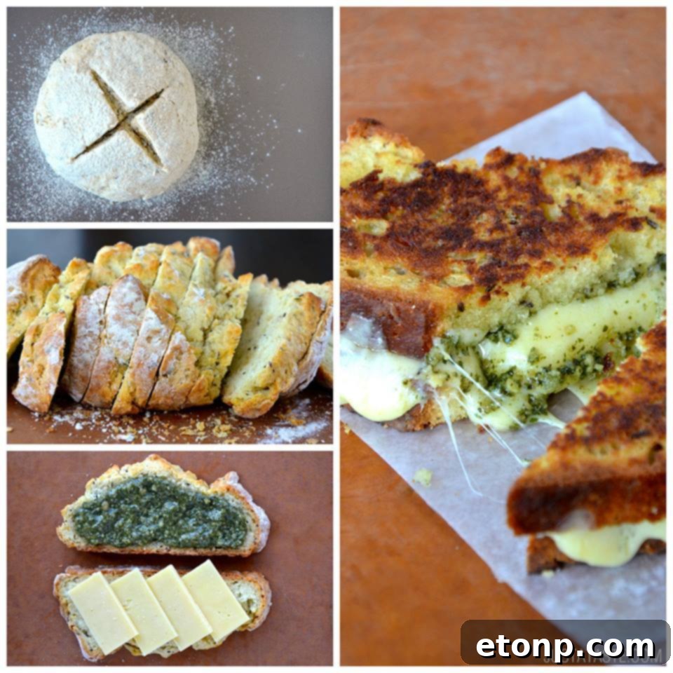 Grilled cheese sandwich made with Irish soda bread and pesto, cut in half