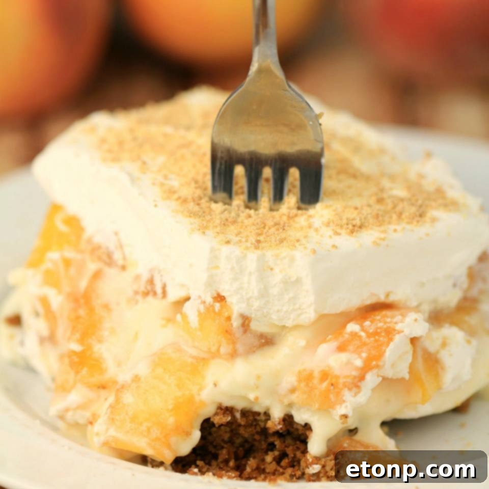 Peach delight dessert with a golden pecan crust