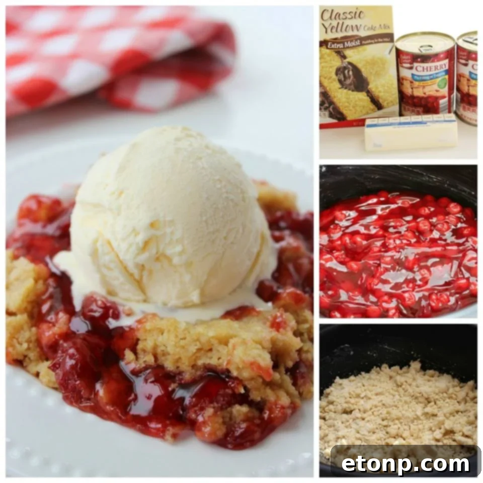 Slow cooker cherry dump cake with a scoop of vanilla ice cream