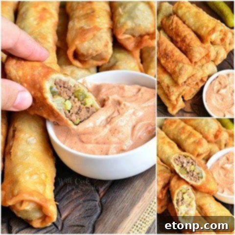 Golden-brown cheeseburger egg rolls served with a dipping sauce