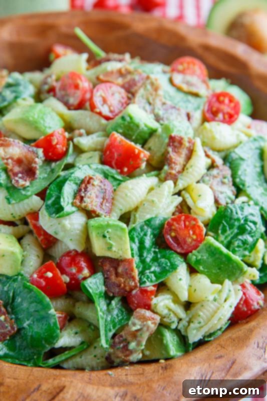 Avocado BLT pasta salad in a large serving bowl