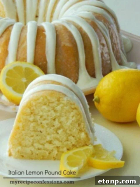 Slice of Italian lemon pound cake with a dusting of powdered sugar