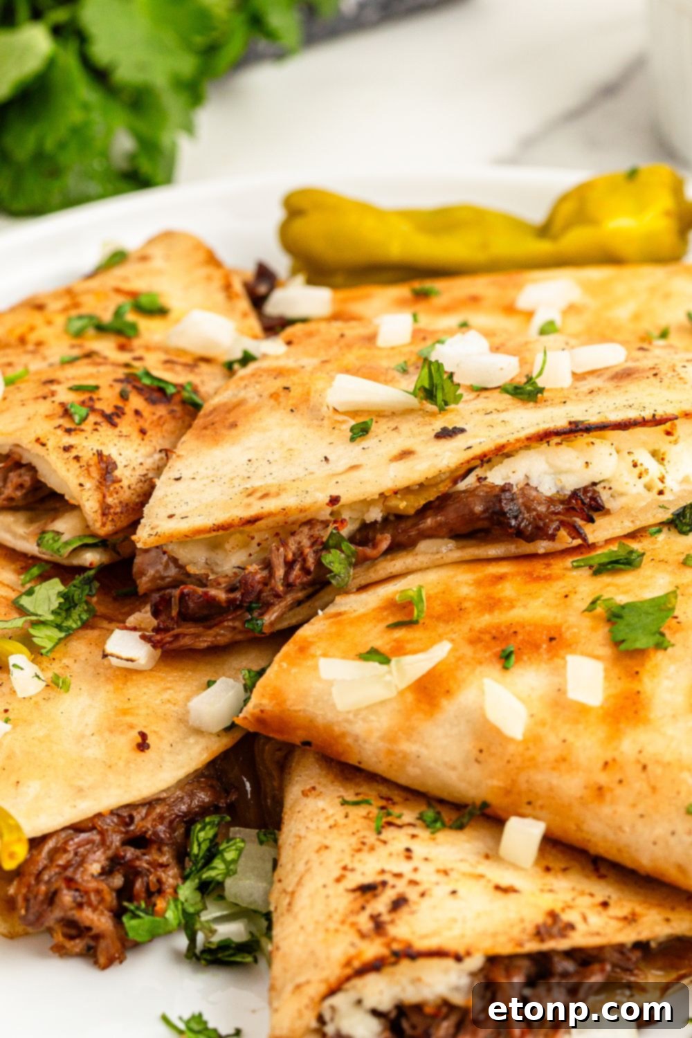 The Mississippi Pot Roast Remix 17 Mississippi Pot Roast Quesadillas piled on a plate