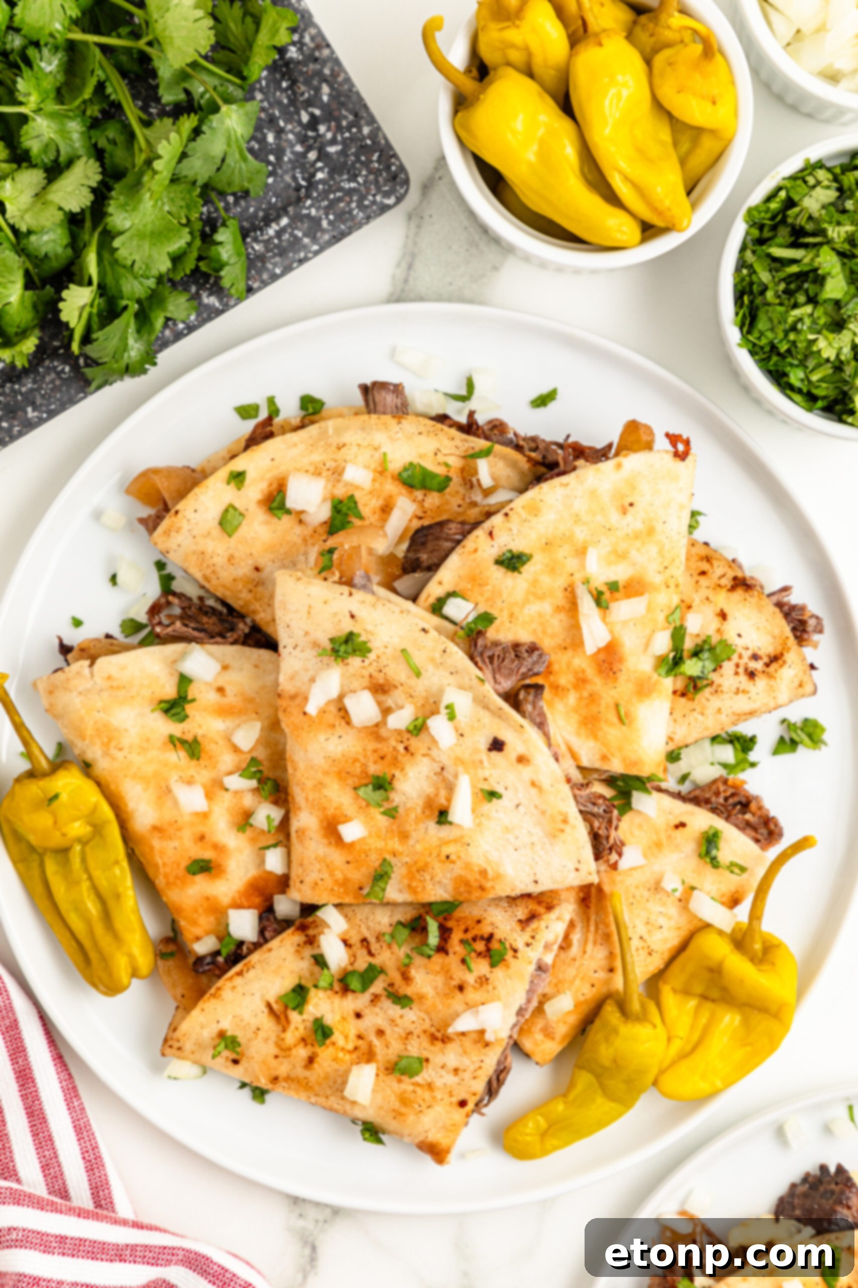The Mississippi Pot Roast Remix 3 overhead shot of the Mississippi Pot Roast Quesadillas piled on a white plate