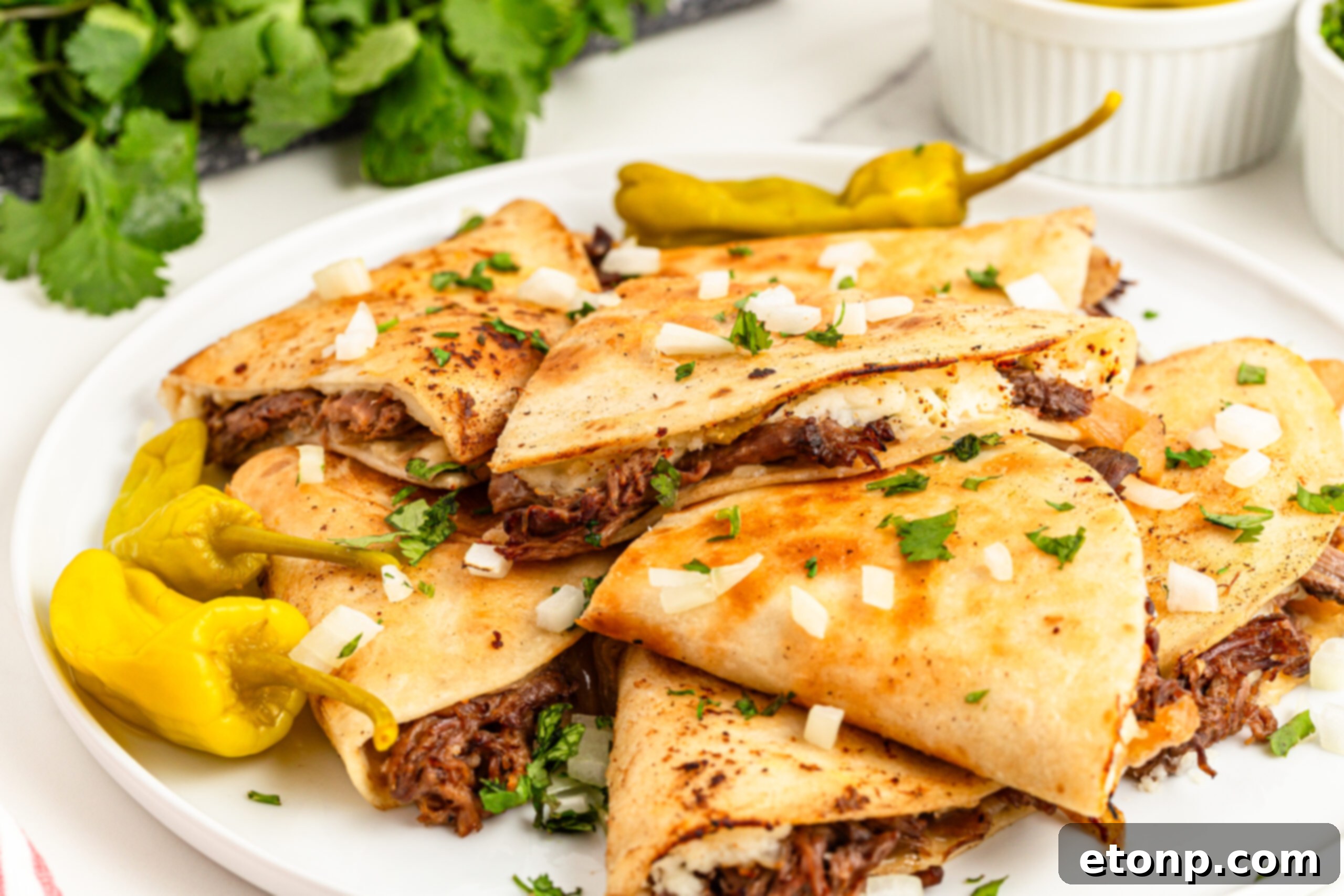 The Mississippi Pot Roast Remix 4 side angle of the Mississippi Pot Roast Quesadillas piled on a plate