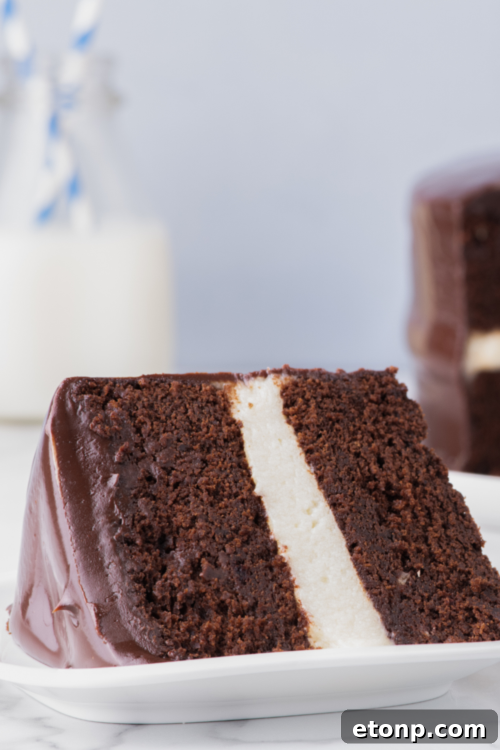 slice of ding dong cake on plate on table