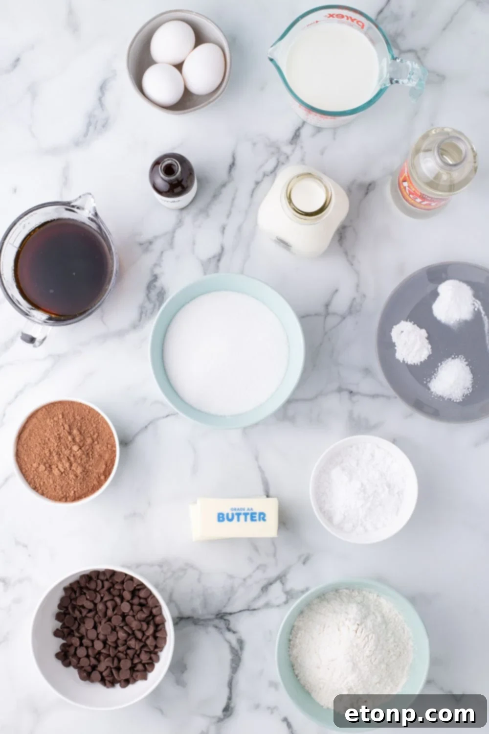 ingredients for ding dong cake in single serve bowls on table