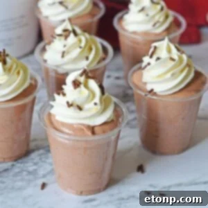Decadent Chocolate RumChata Pudding Shots 15 Rumchata Pudding Shots on table with whipped cream on top of each one