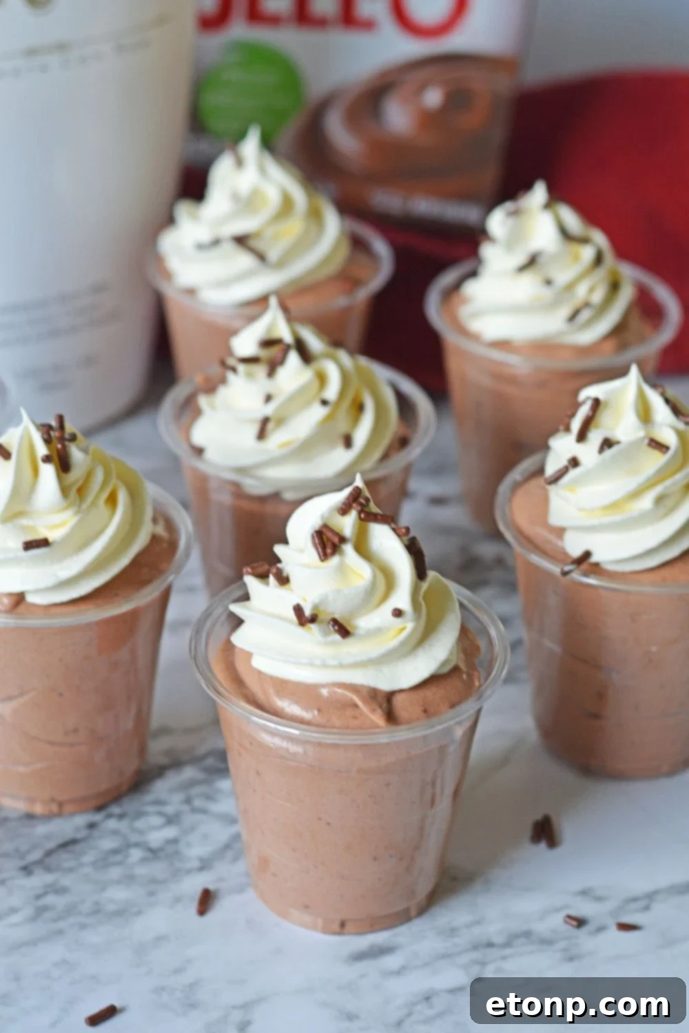Decadent Chocolate RumChata Pudding Shots 10 Rumchata Pudding Shots on table with ingredients in background
