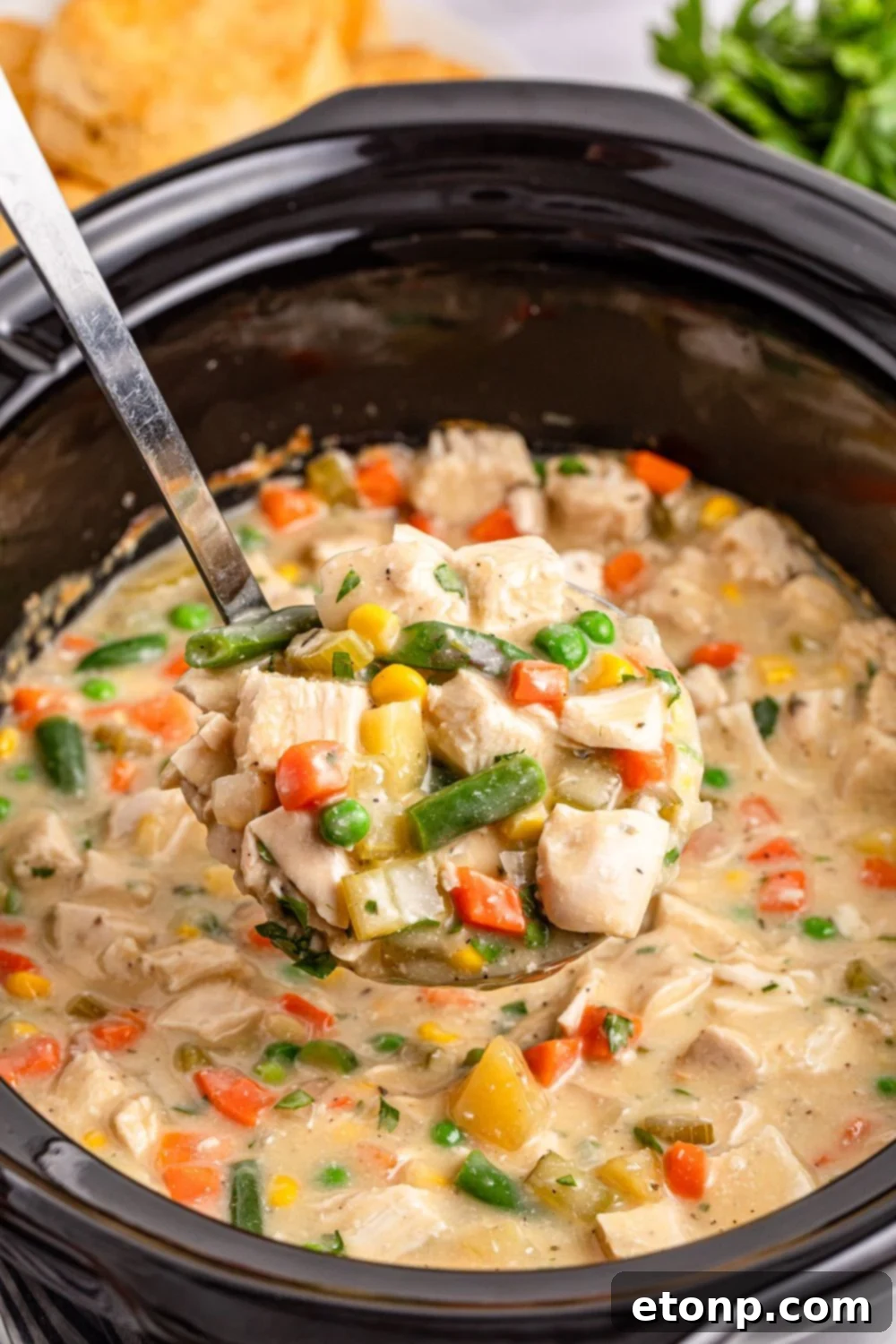 ladle of chicken pot pie mixture in slow cooker being lifted out of slow cooker