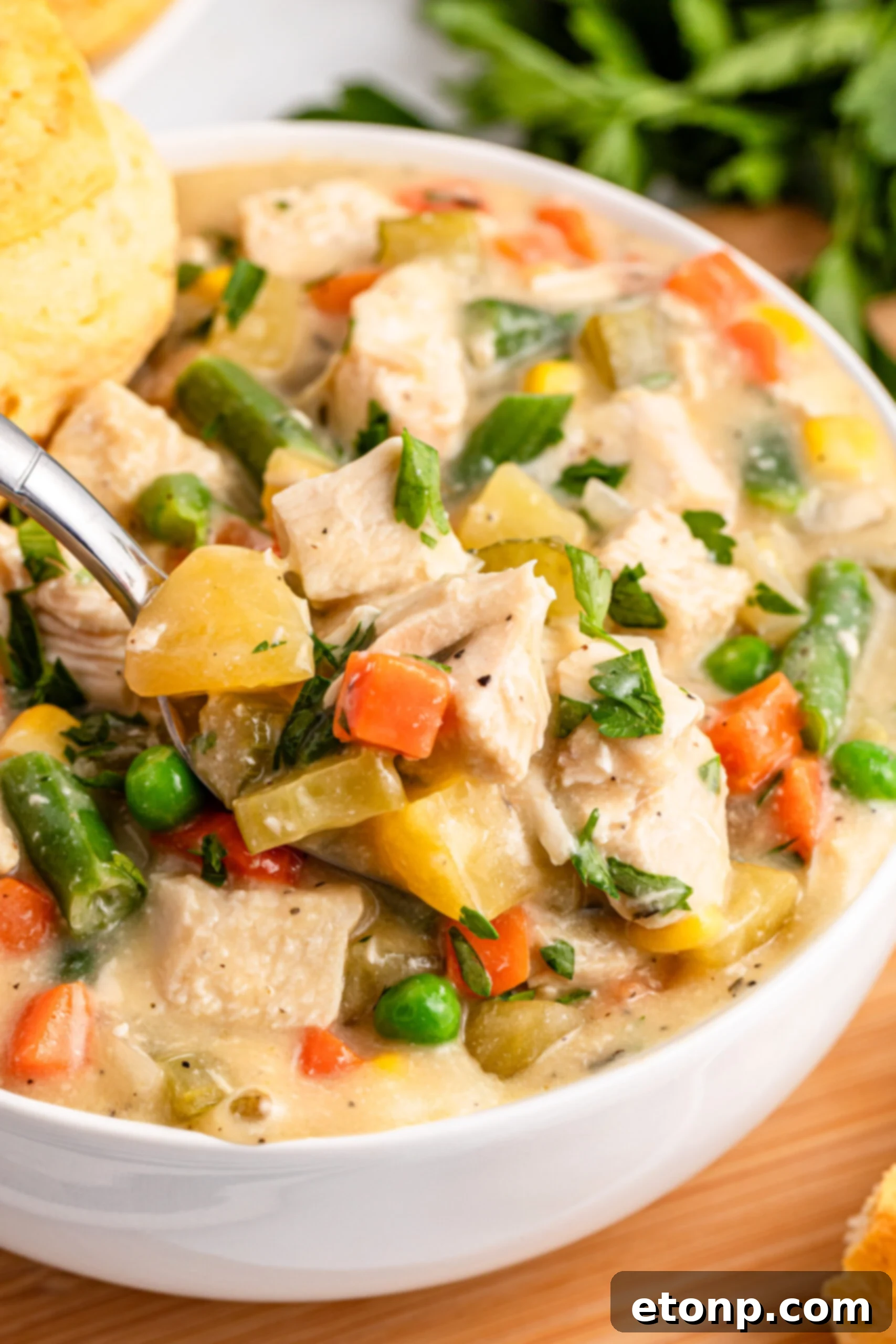 up close shot of the Slow Cooker Chicken Pot Pie in a white bowl with a spoon lifting up some