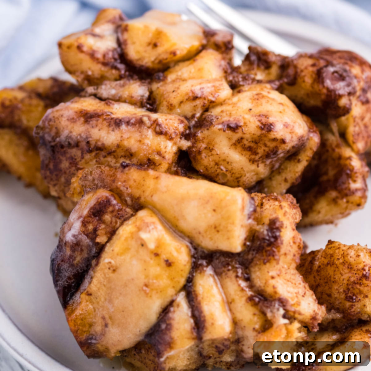 Up close view of the cinnamon sugar topping on the casserole on a white plate, ready to be enjoyed.