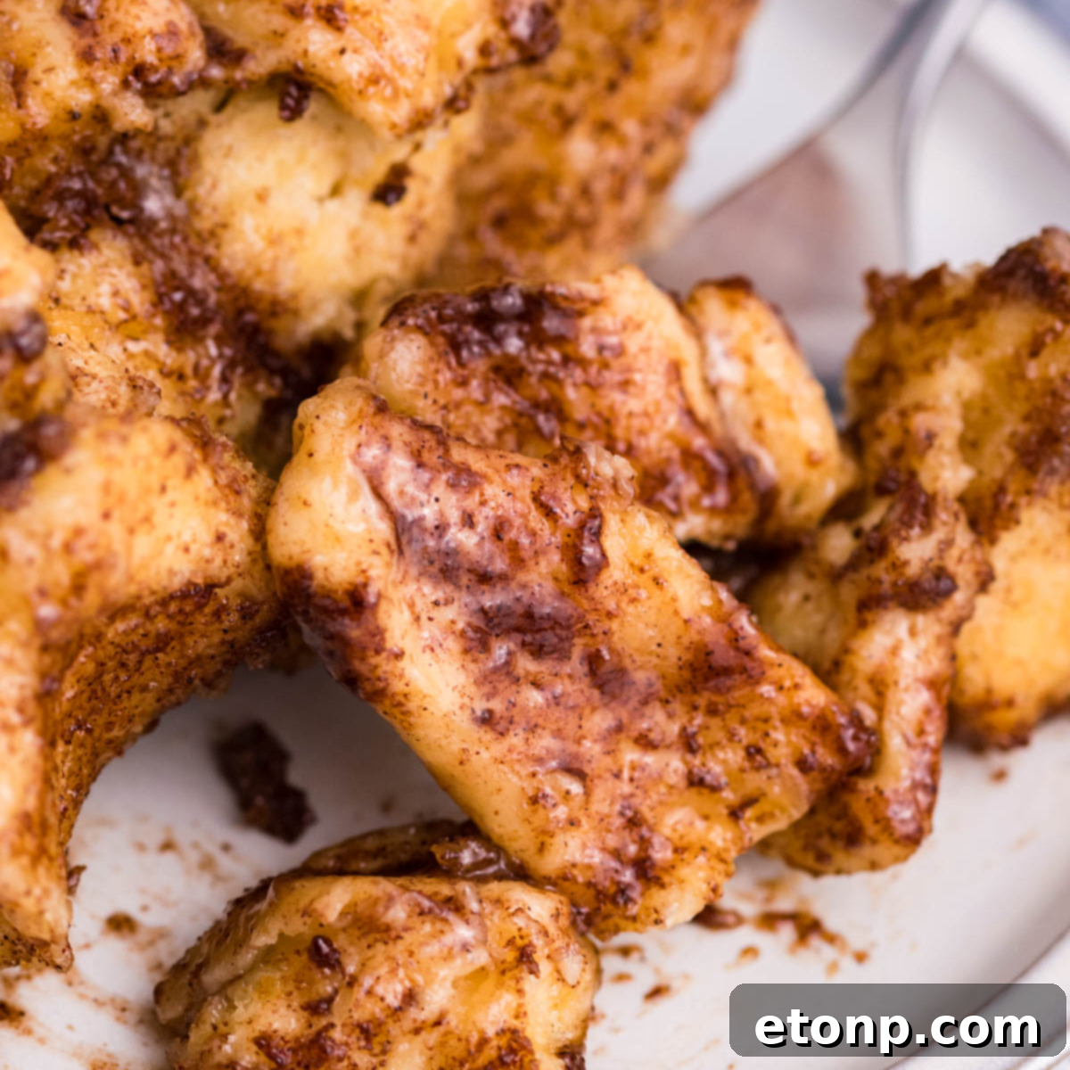 Up close view of the cinnamon sugar topping on the casserole on a white plate, showcasing its texture.