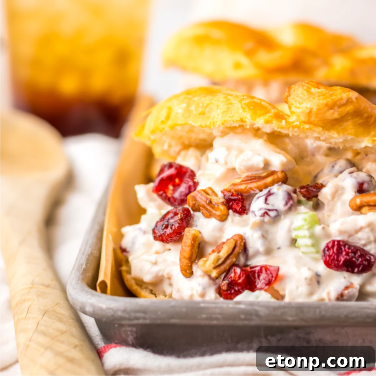 Close up of the chicken salad croissant filling topped with cranberries and pecans. 