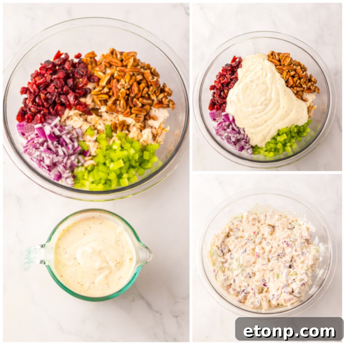 collage of the cranberry pecan chicken salad in a bowl ready to be mixed, then dressing added , then mixed 