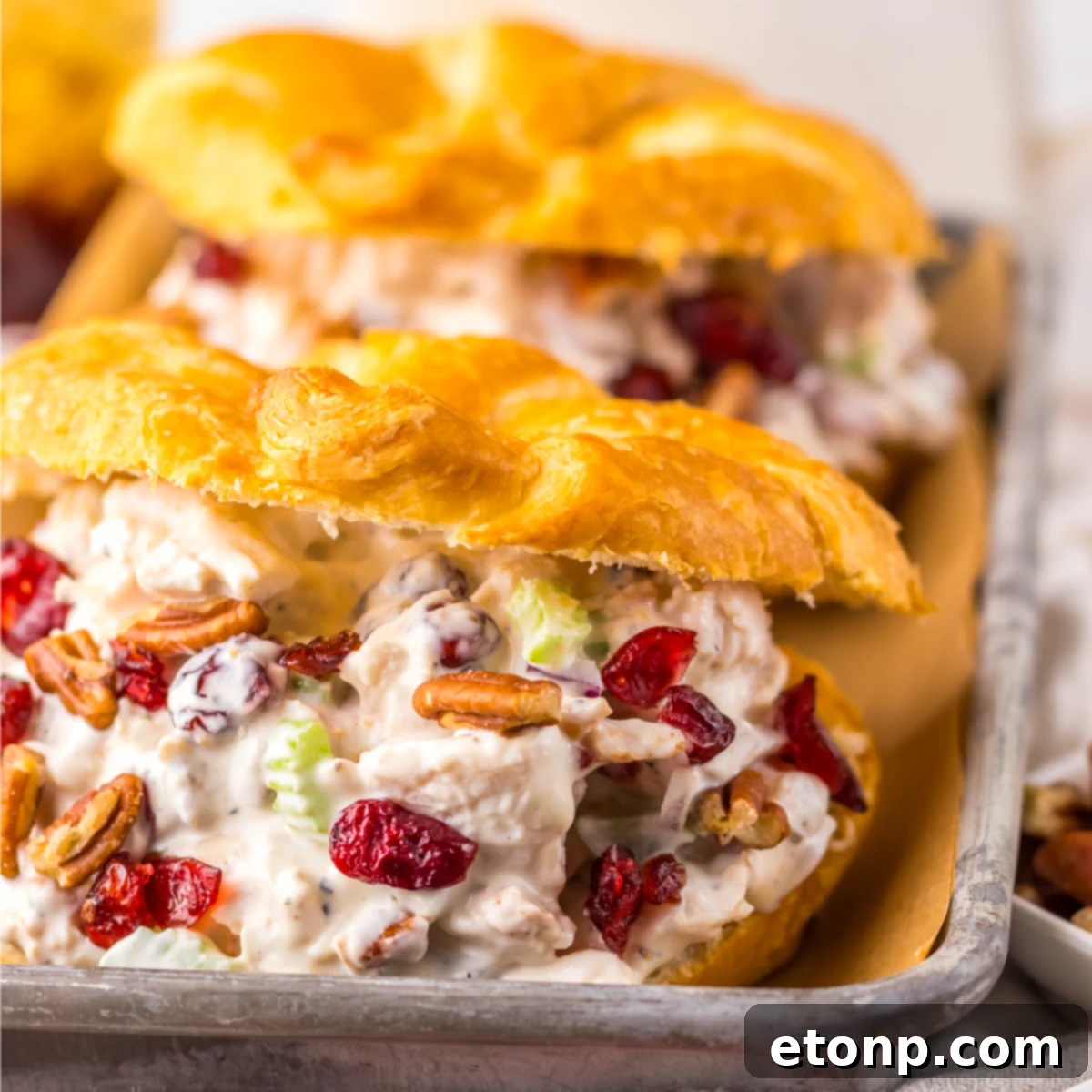 Close up view of a Cranberry Pecan Chicken Salad Croissant on a metal tray.