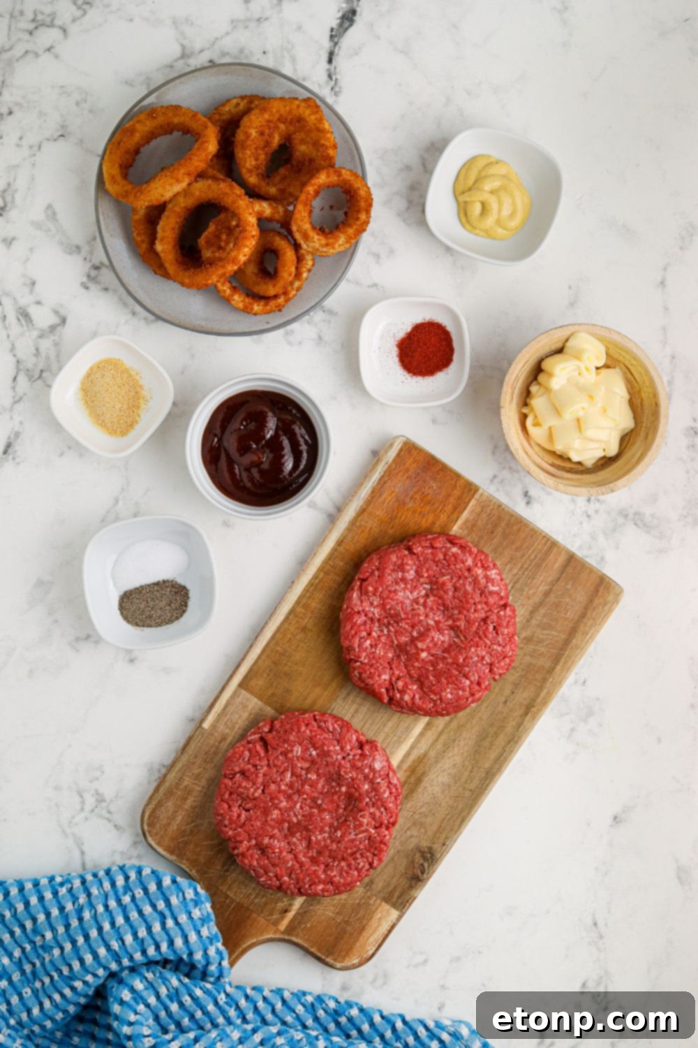 ingredients for Cowboy Burgers on table in single serve containers 