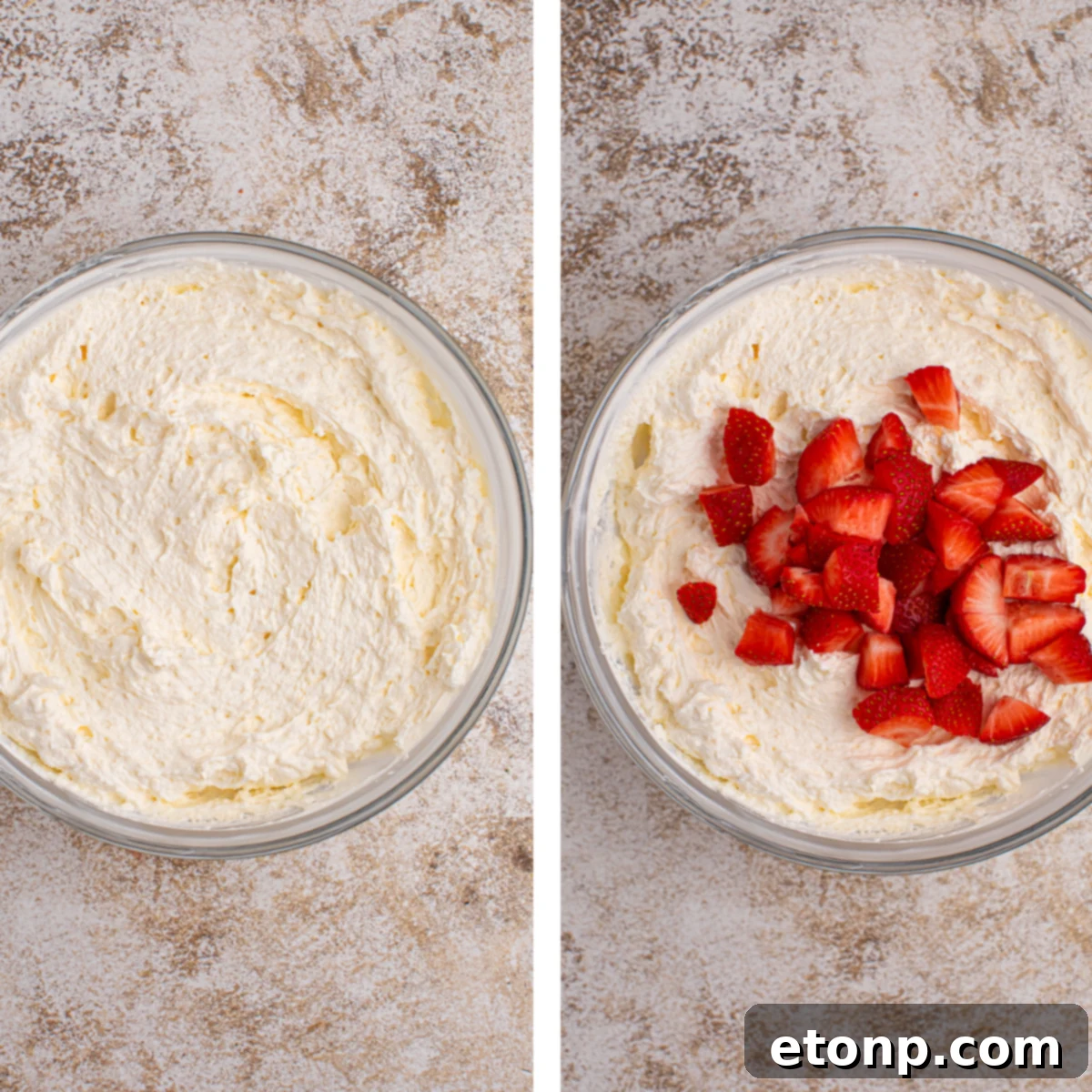 Overhead view with fresh strawberries before being folded into the salad. 