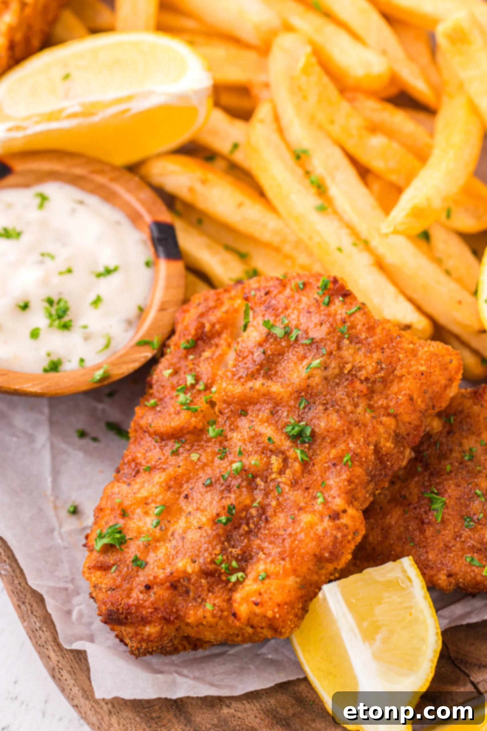 Up close shot of golden brown Air Fryer Fish and Chips on a platter with fries, lemon wedges, and a side of homemade tartar sauce, highlighting the crispy texture.