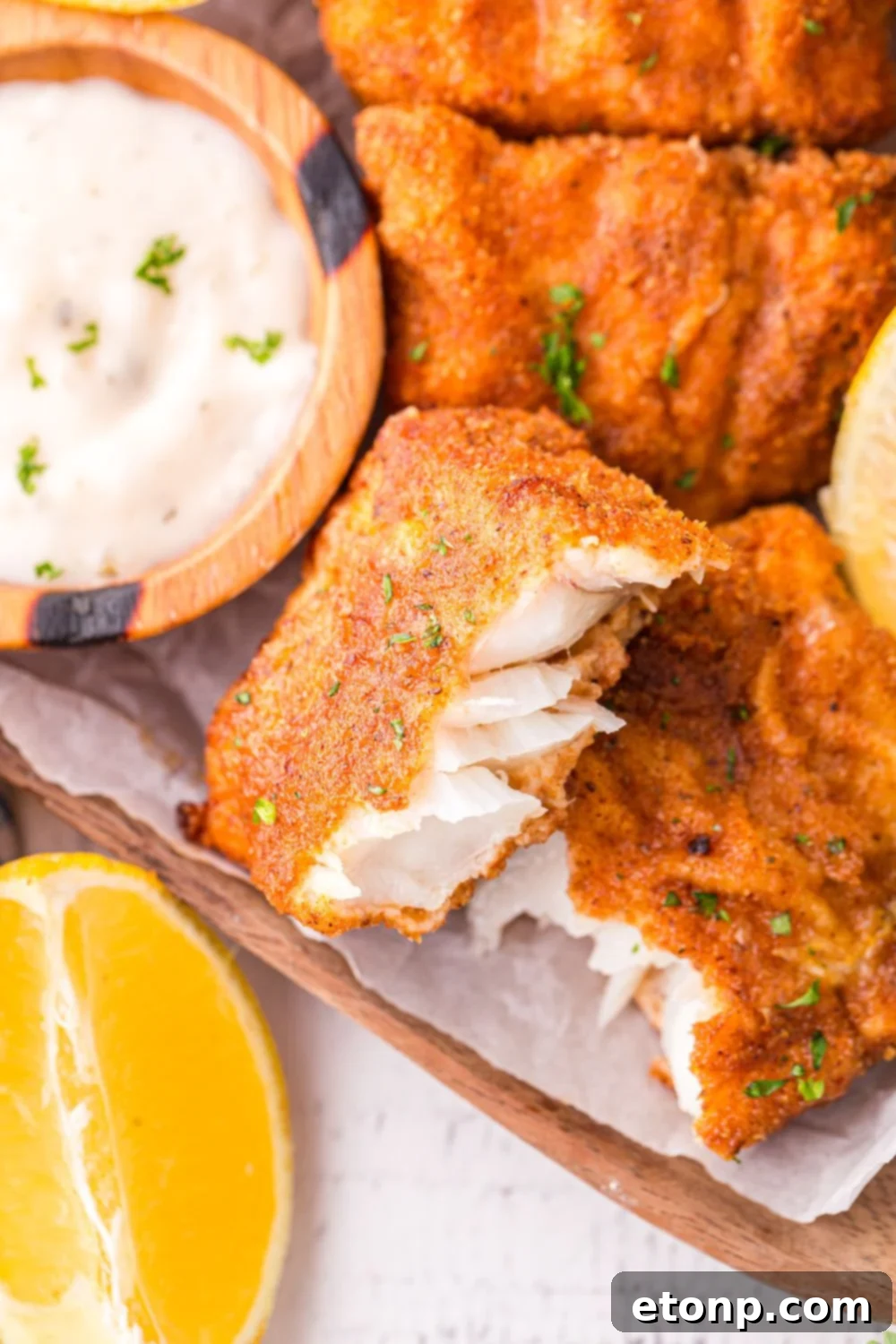 A freshly cooked platter of Air Fryer Fish and Chips with a small bowl of tartar sauce, garnished with parsley and lemon wedges, ready to be served.