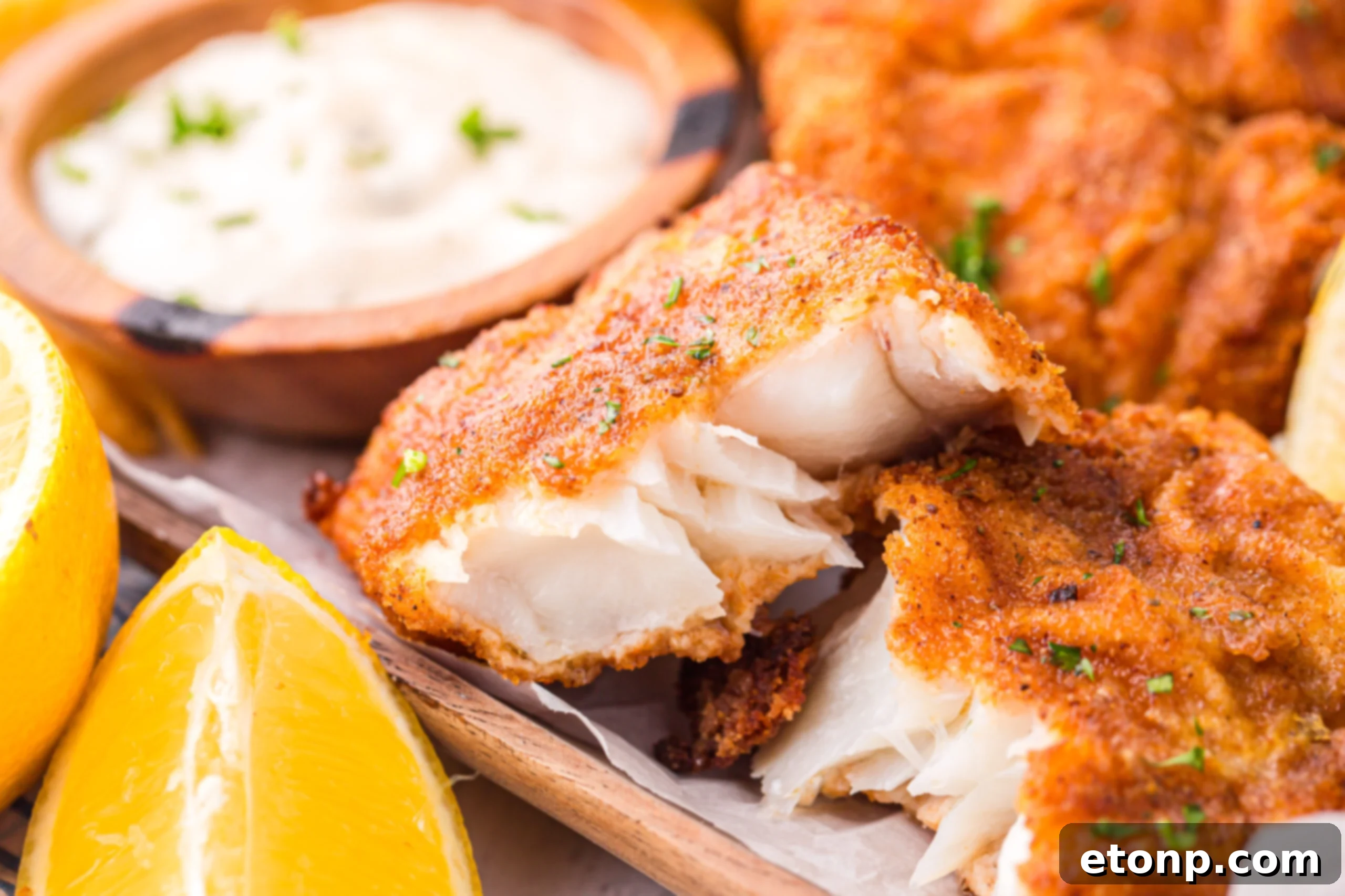 An up-close shot of a piece of Air Fryer Fish and Chips, cut open to reveal the perfectly cooked, flaky white fish inside, contrasting with the crispy exterior.
