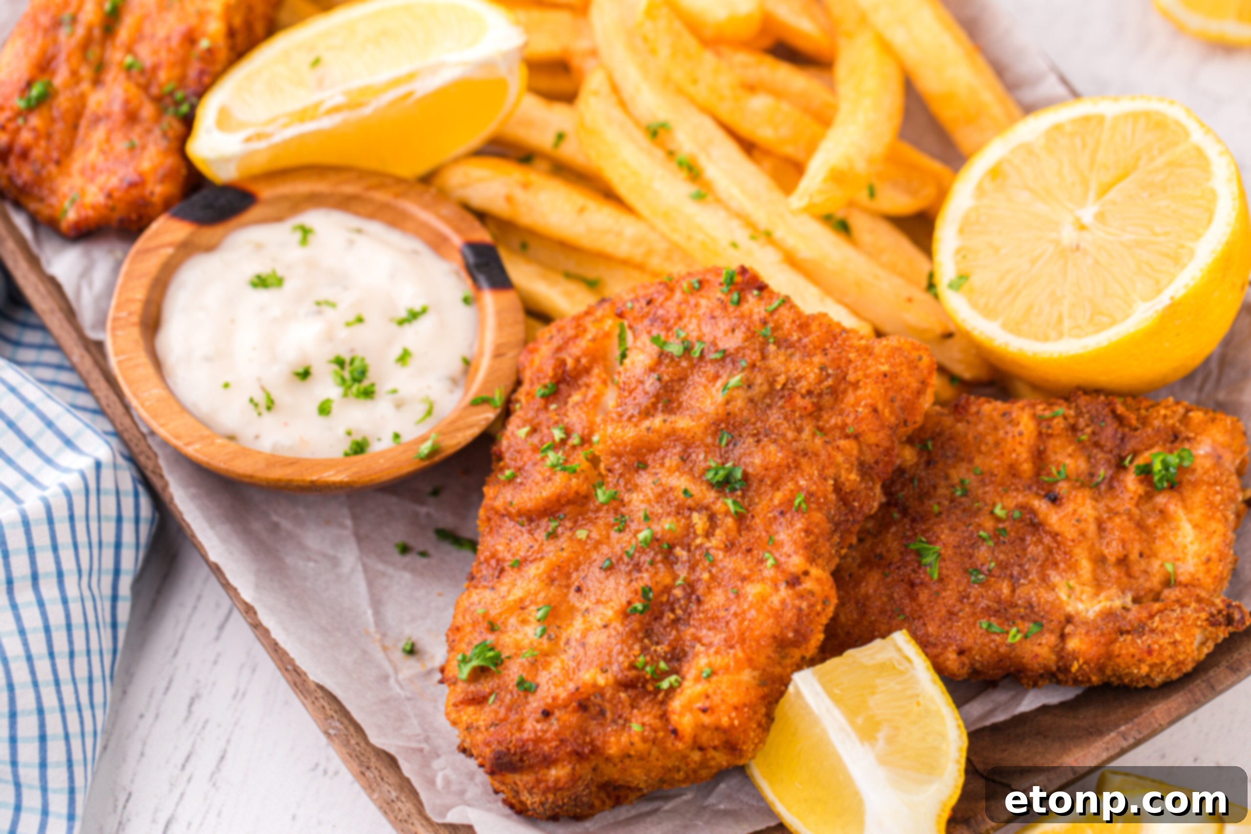 Up close shot of the Air Fryer Fish And Chips on a platter with fries and lemon wedges and tartar sauce on side, showcasing the appealing presentation.