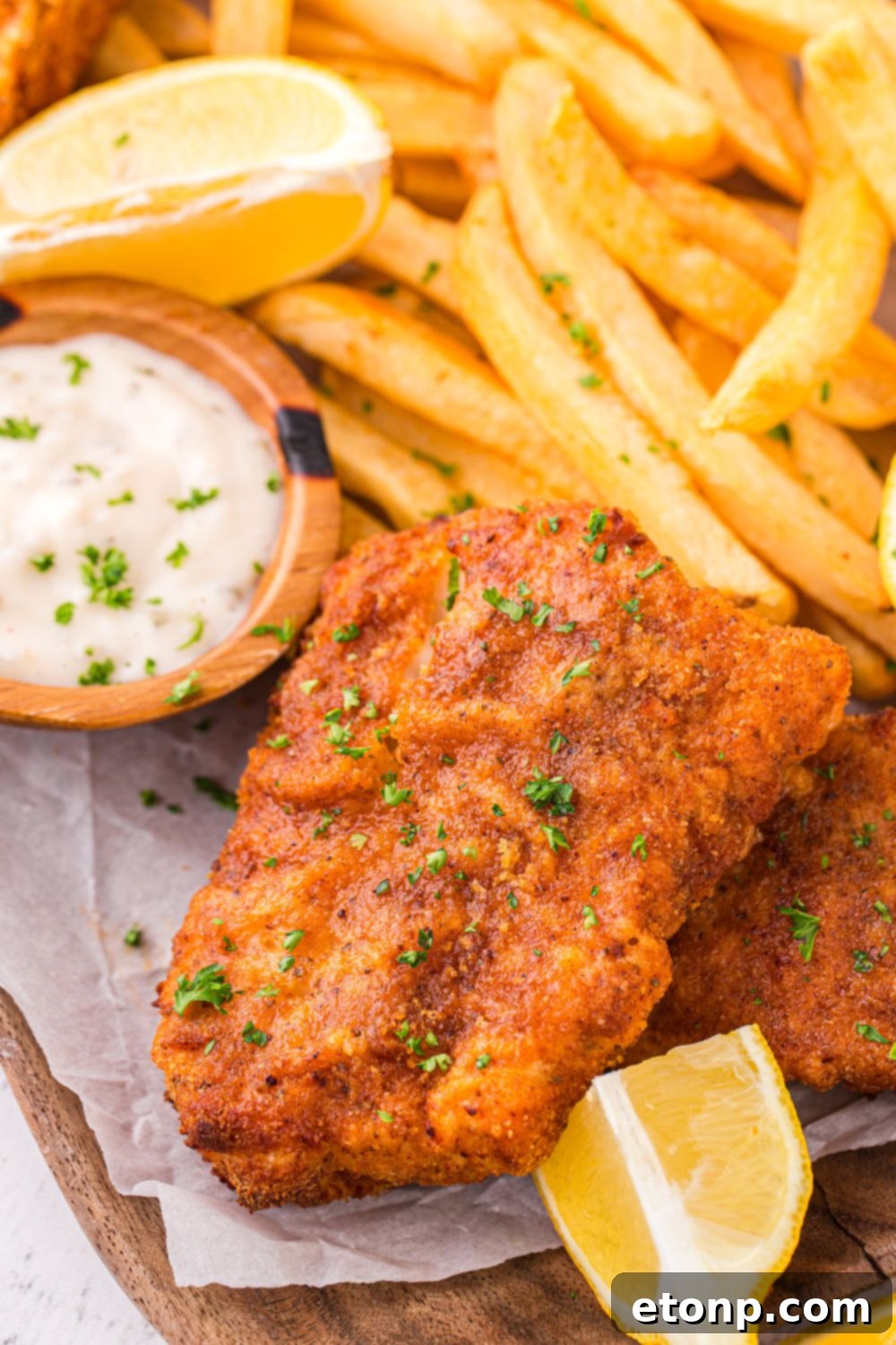 Platter of Air Fryer Fish and Chips served on parchment paper, garnished with fresh lemon wedges and a small bowl of tartar sauce, ready for a delightful meal.