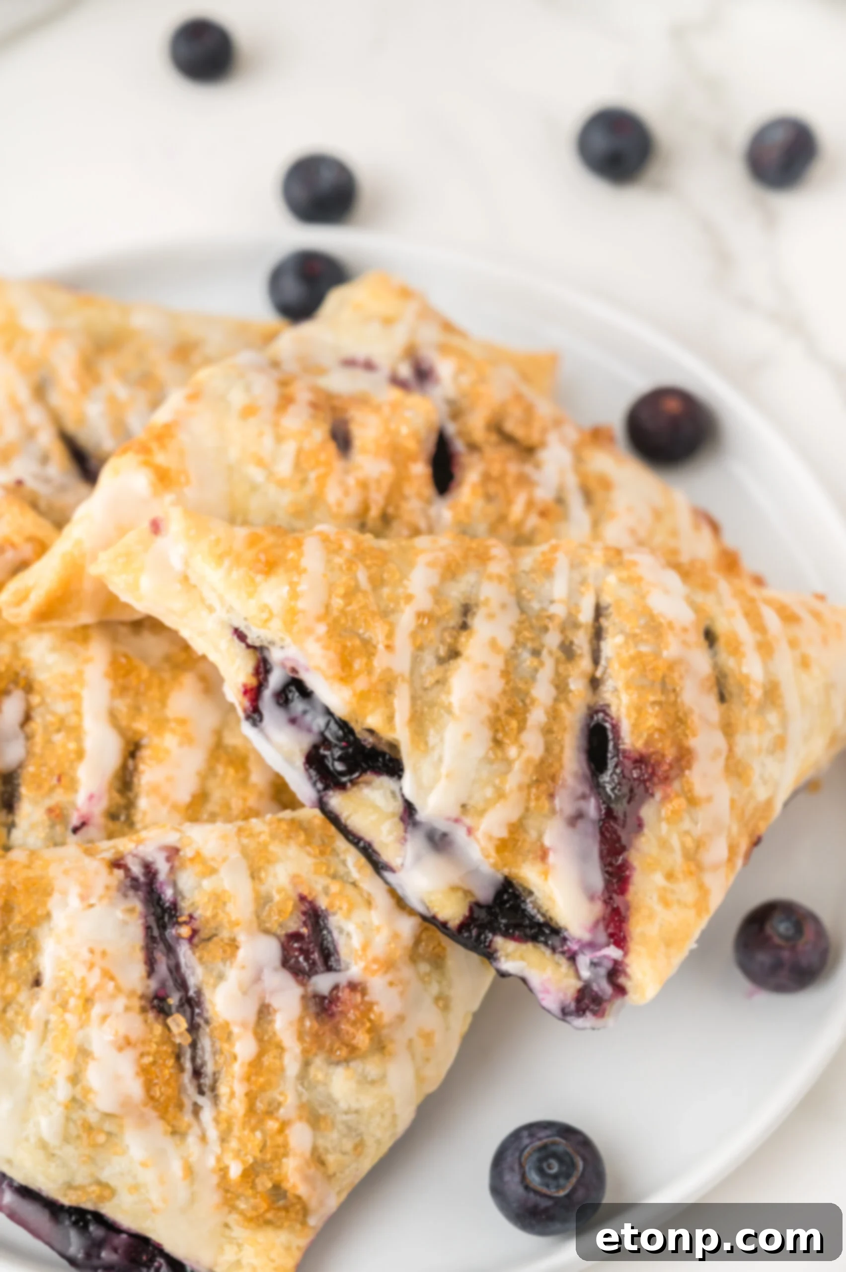 Blueberry Turnovers on plate with fresh blueberries around them on the plate 
