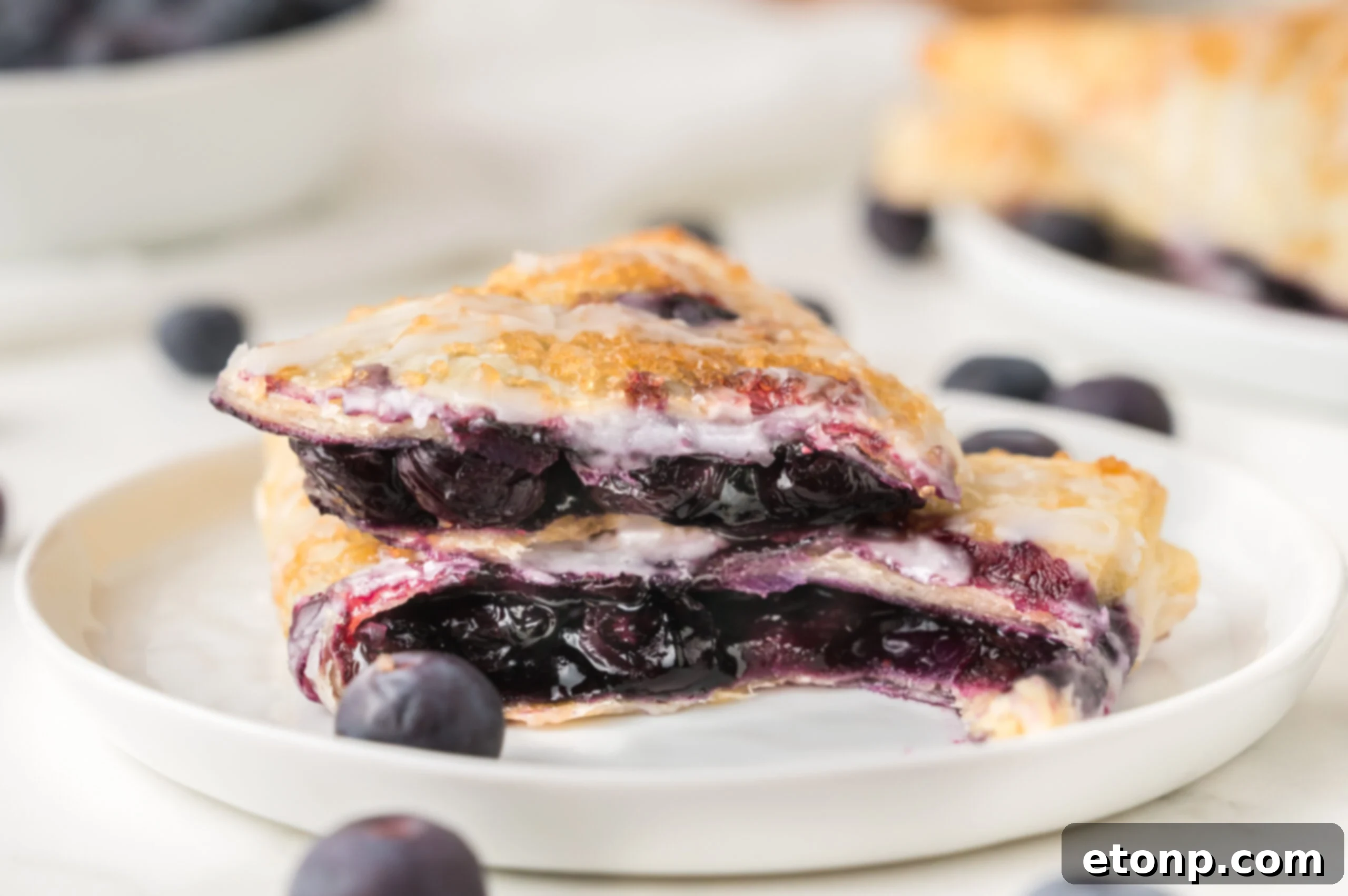 Blueberry Turnovers on plate with fresh blueberries around them on the plate 