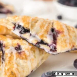 Blueberry Turnovers on plate with fresh blueberries around them on the plate