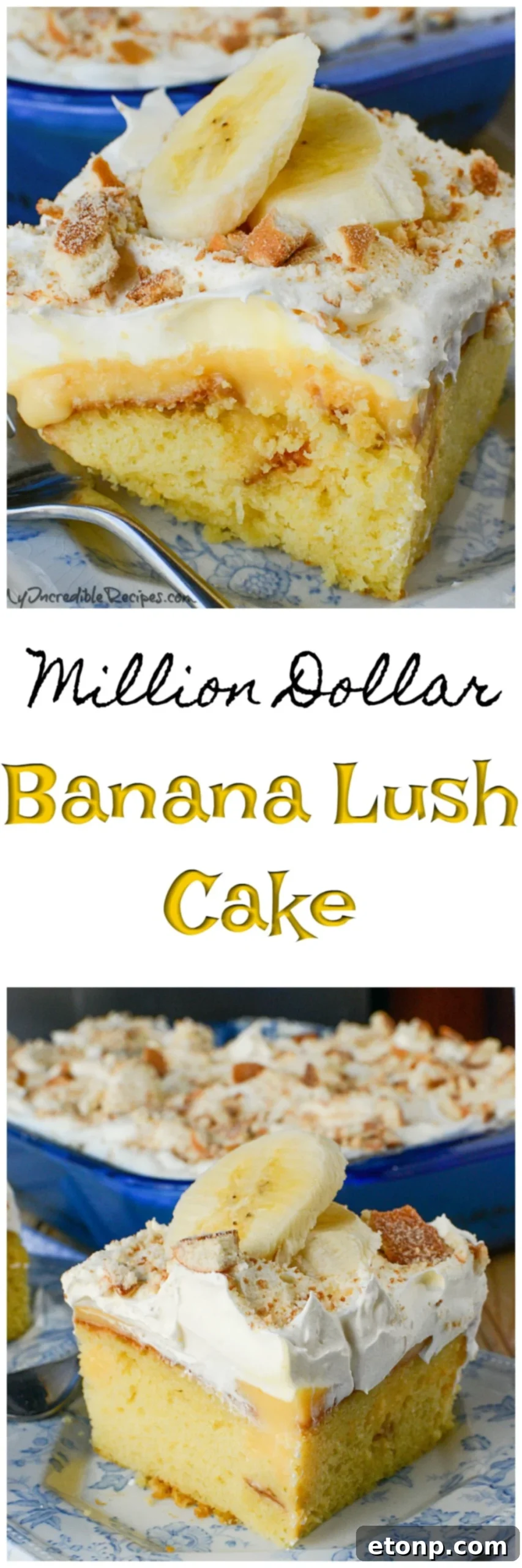 Top-down view of a single slice of Banana Lush Poke Cake on a white plate