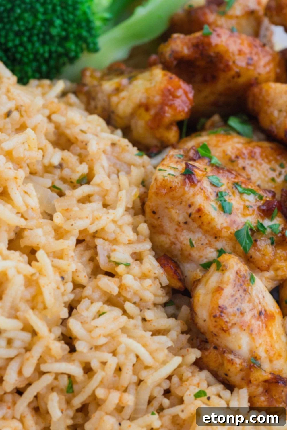 Buttery Garlic Chicken Bites 15 pile of rice on plate with chicken to the side of it