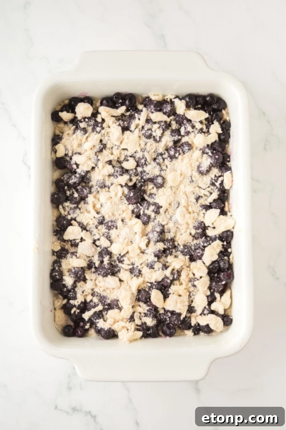 Blueberry Crumb Bars in raw form in a casserole dish 