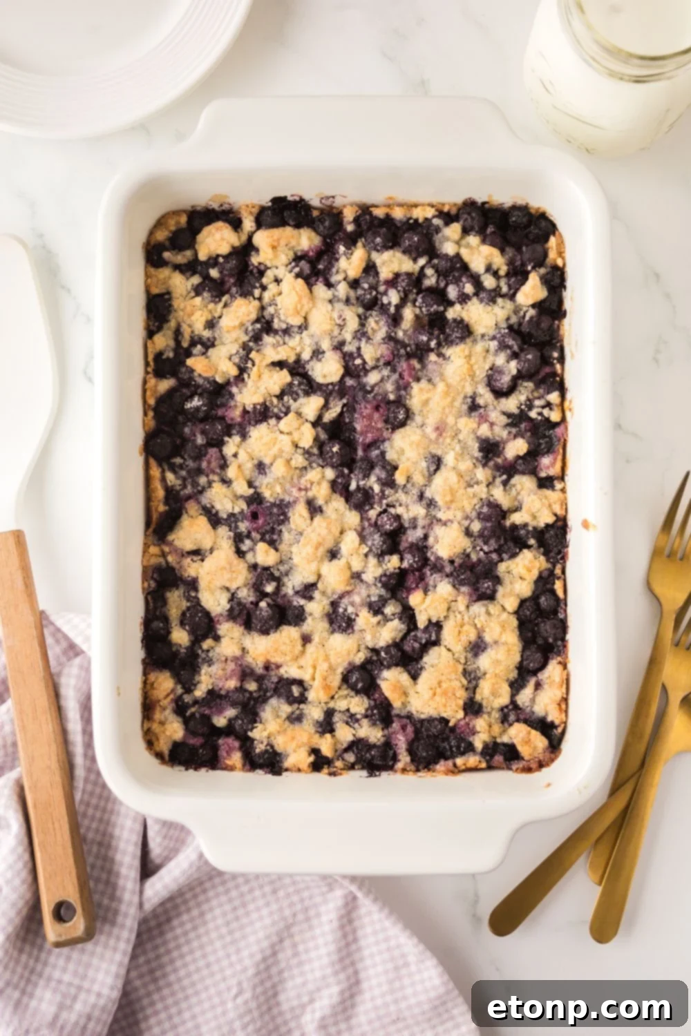 overhead view of Blueberry Crumb Bars in casserole dish 