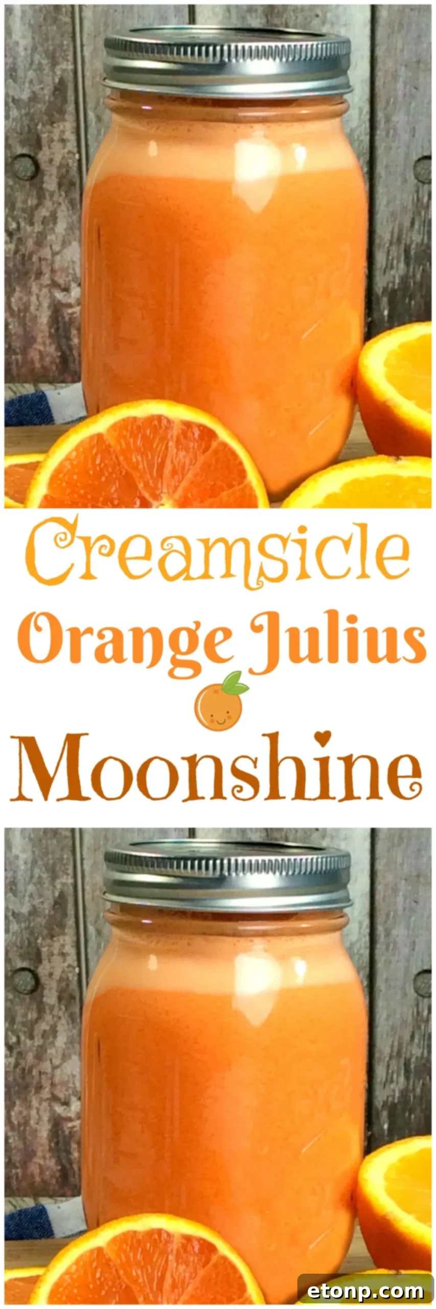 A full Mason jar of Creamsicle Moonshine with an orange garnish, ready to be enjoyed.