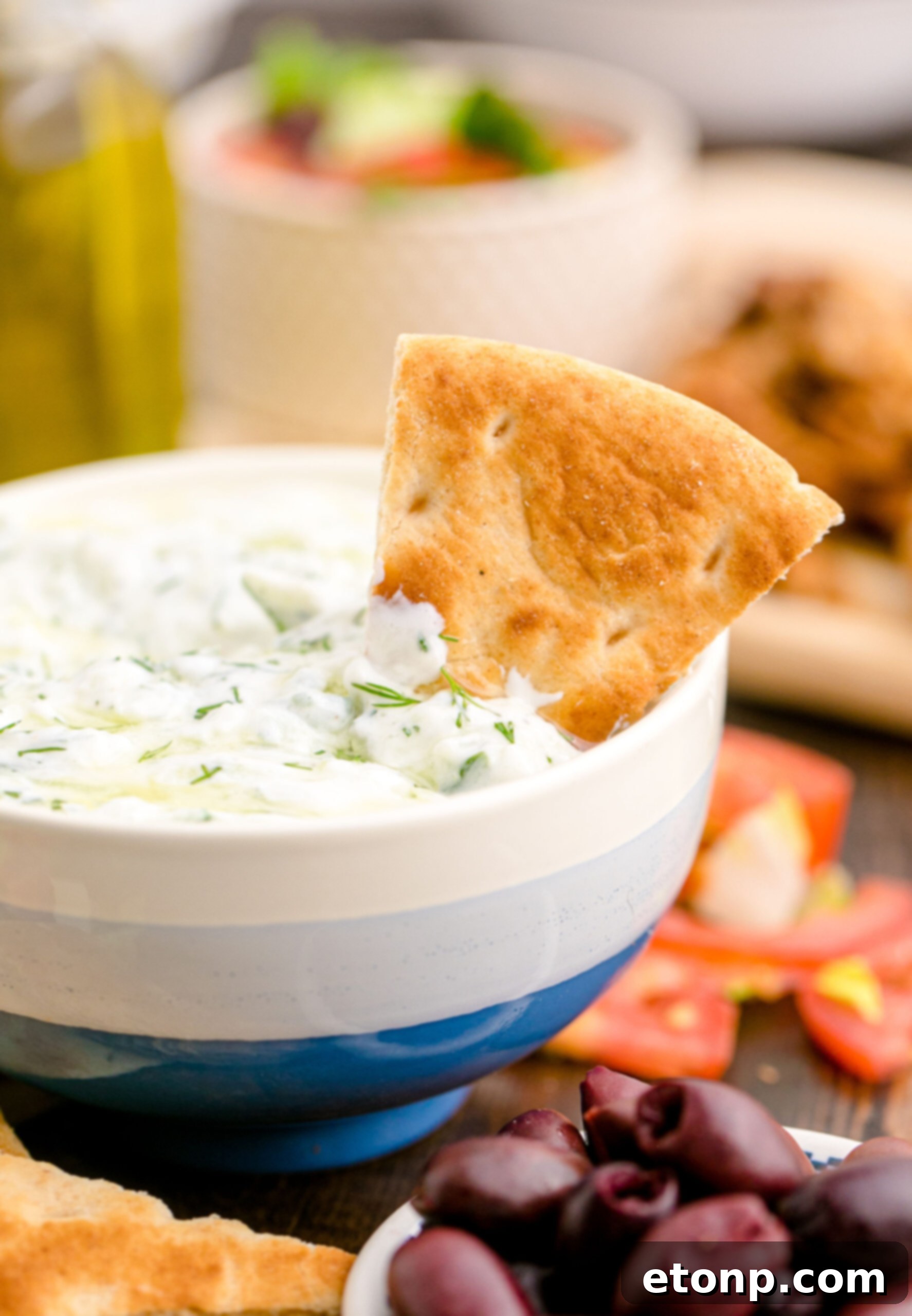 Tzatziki Sauce in a white and blue bowl with a pita chip sticking out of it