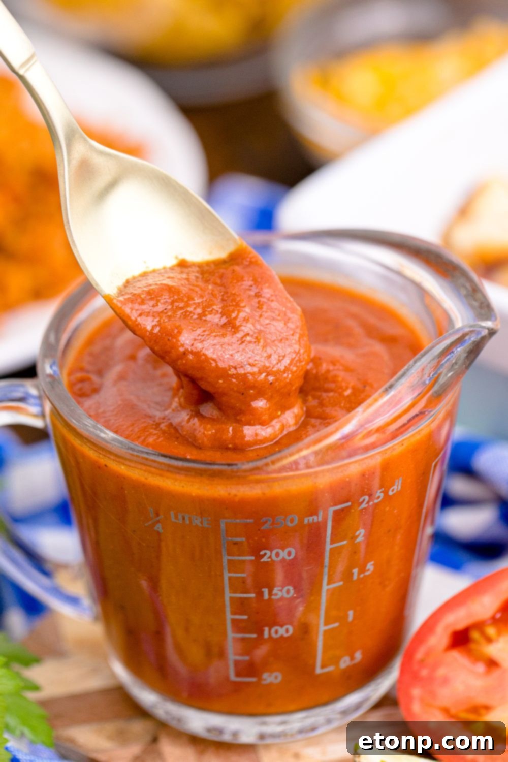 From Scratch Enchilada Perfection 11 measuring cup with homemade enchilada sauce in it with a spoon lifting out some of the sauce, showcasing its smooth texture
