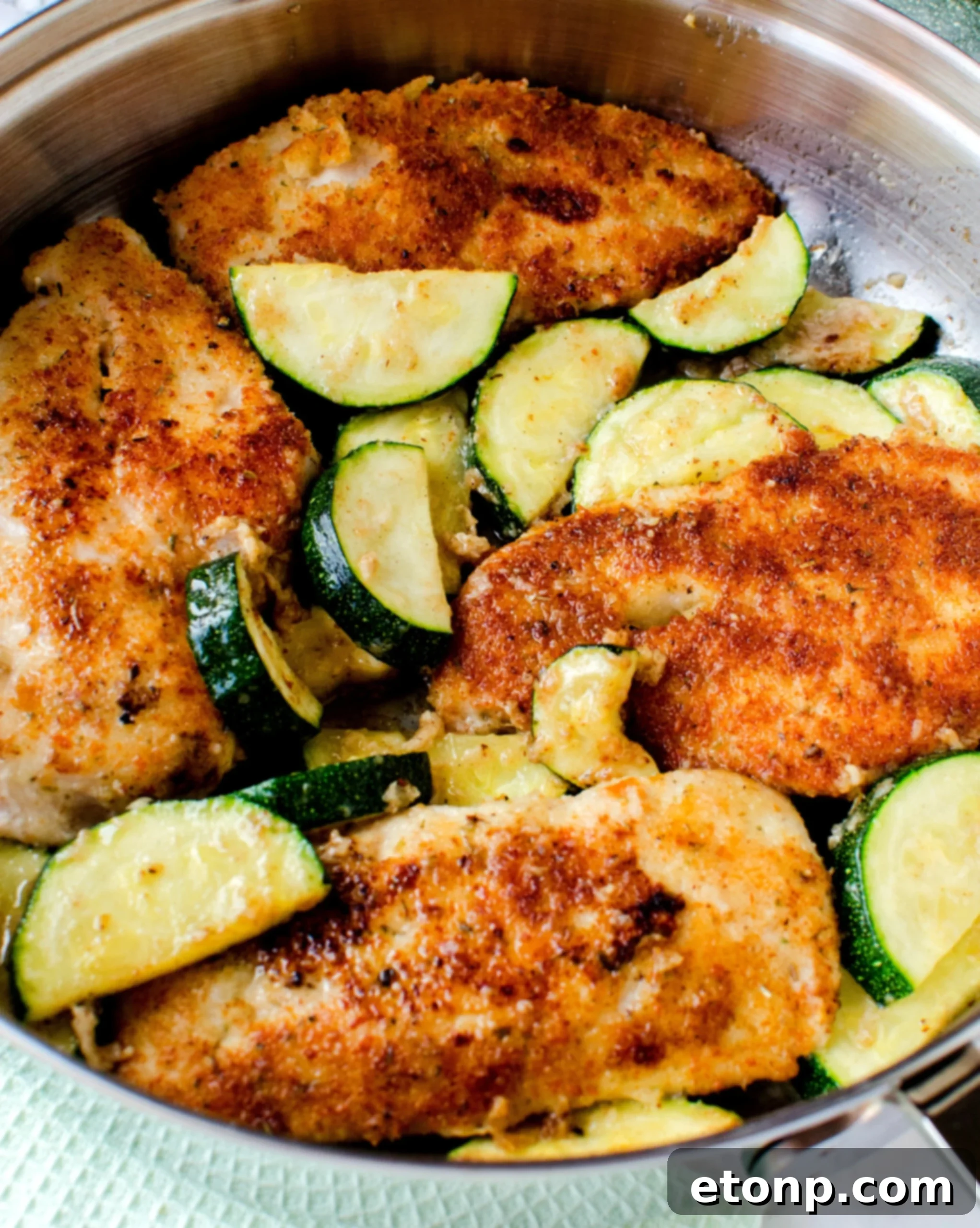 Crispy Parmesan Chicken and Garlicky Zucchini Skillet 6 Another view of the delicious pan-fried Parmesan chicken and zucchini