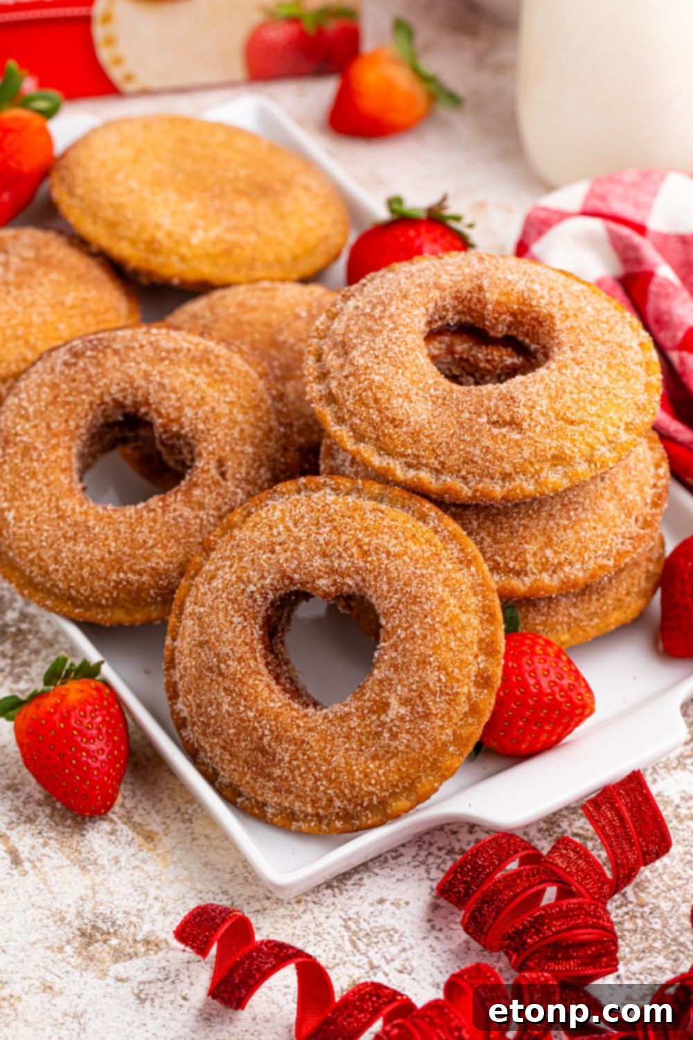 TikTok Fried Strawberry Uncrustables 17 Fried strawberry Uncrustables arranged on a table with a decorative ribbon and scattered fresh strawberries
