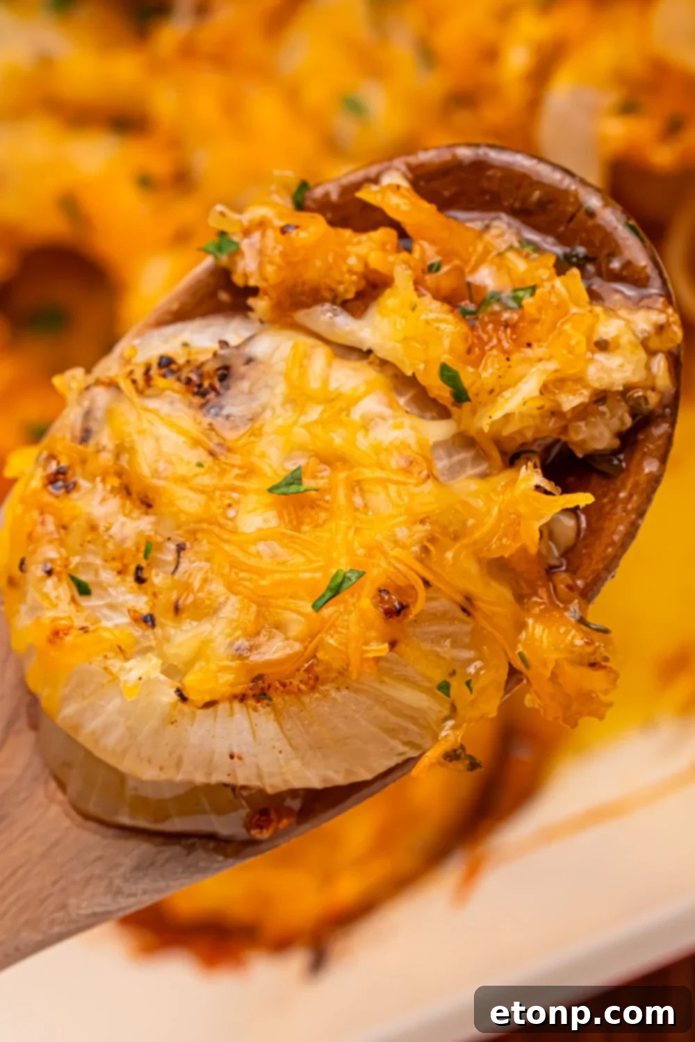 Cheesy Tennessee Onion Bake 11 A wooden spoon lifting a serving of baked cheesy onions and cheese from the pan, showing off the melty texture.