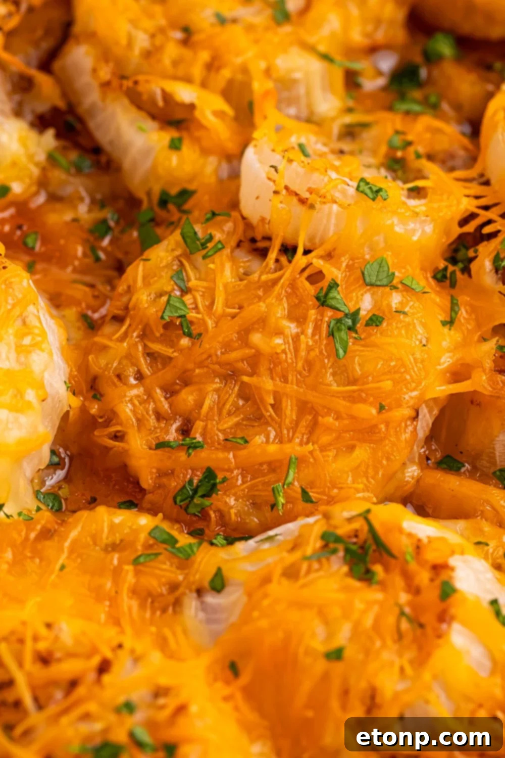 Cheesy Tennessee Onion Bake 18 Close-up of golden, bubbly oven-baked cheesy onions in a pan, highlighting the rich cheese.