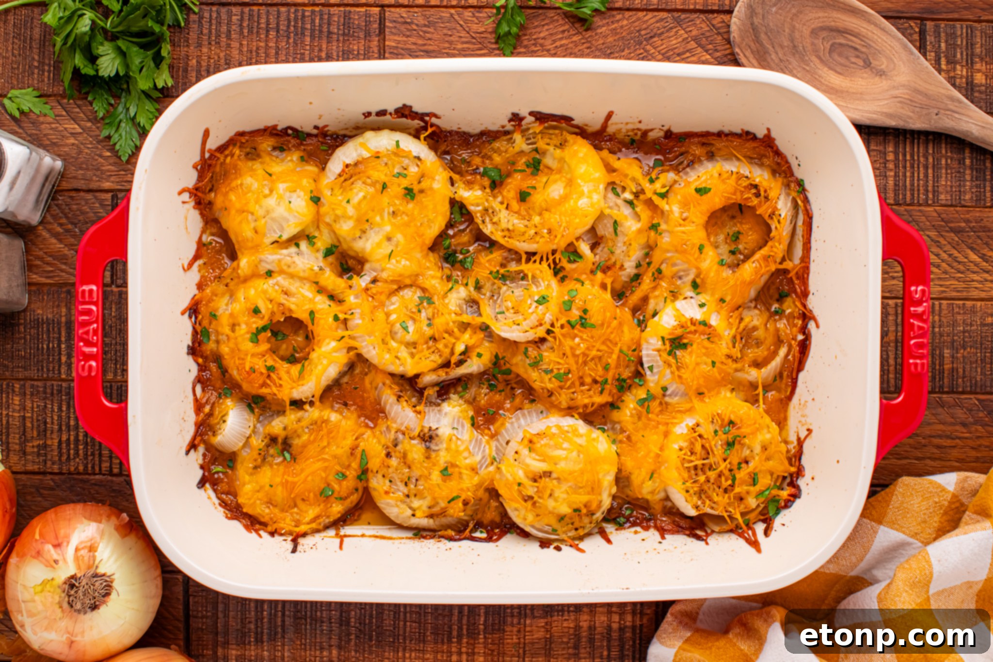 Cheesy Tennessee Onion Bake 19 An overhead shot of Cheesy Tennessee Onions, generously smothered in golden, melted cheese.