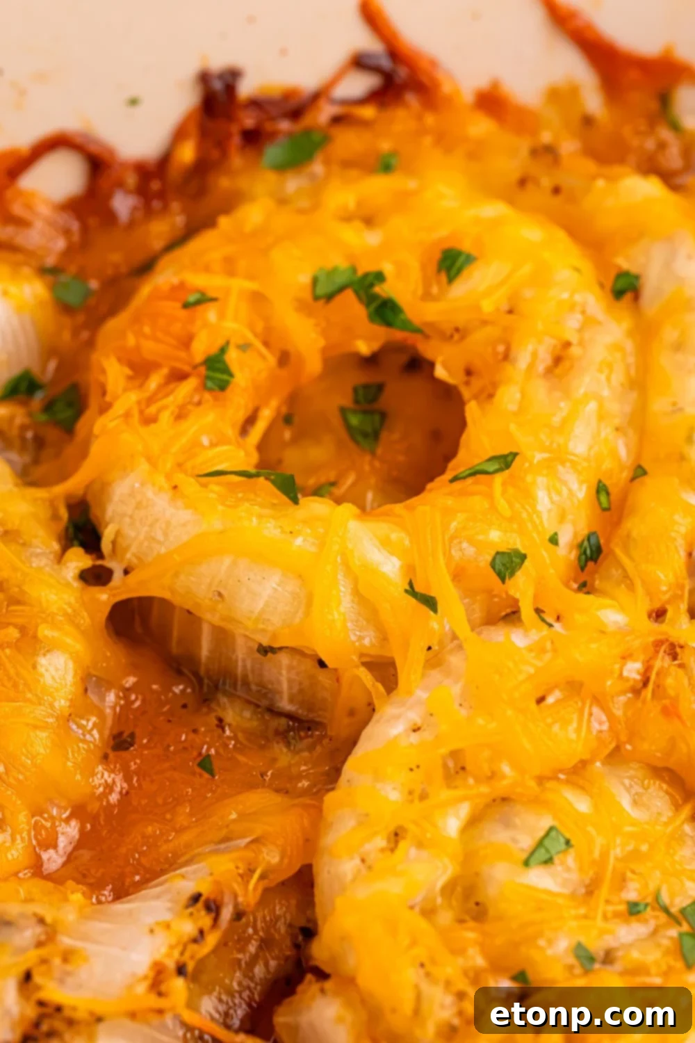 Cheesy Tennessee Onion Bake 4 Close-up view of golden brown, bubbly Cheesy Tennessee Onions fresh from the oven, in a casserole dish.