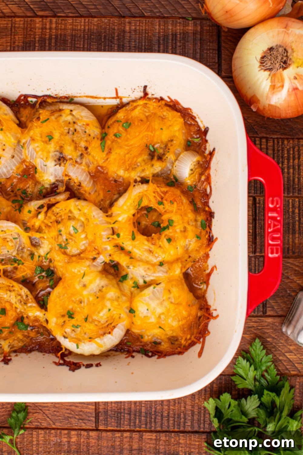 Cheesy Tennessee Onion Bake 6 A Staub cocotte filled with Cheesy Tennessee Onions on a wooden table, adorned with fresh herbs.