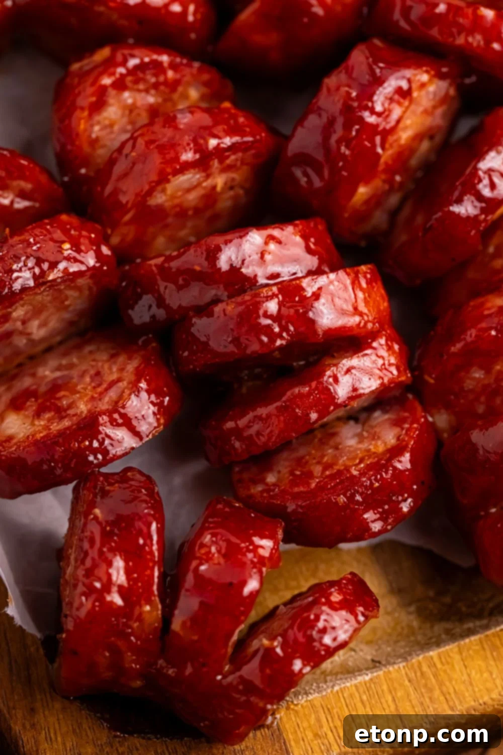 BBQ Hasselback Smoked Sausages on table close up to see the accoradian style cuts 