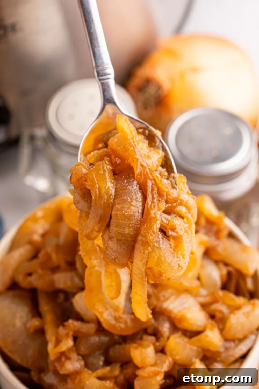 CrockPot Caramelized Onions in a bowl with a spoon lifting some onions out of the bowl