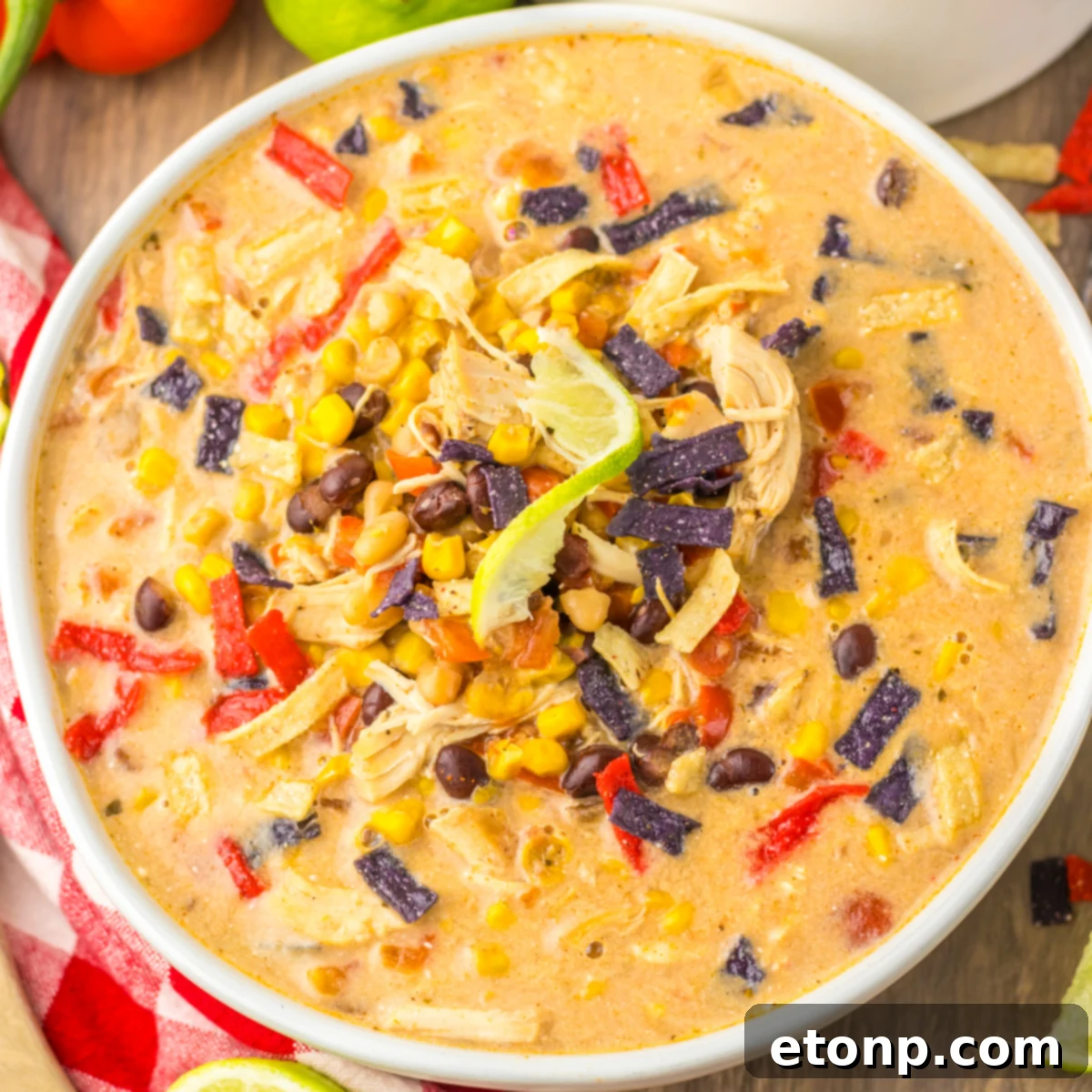 Close up view of some corn, bean, and tortilla chip toppings on tortilla soup. 