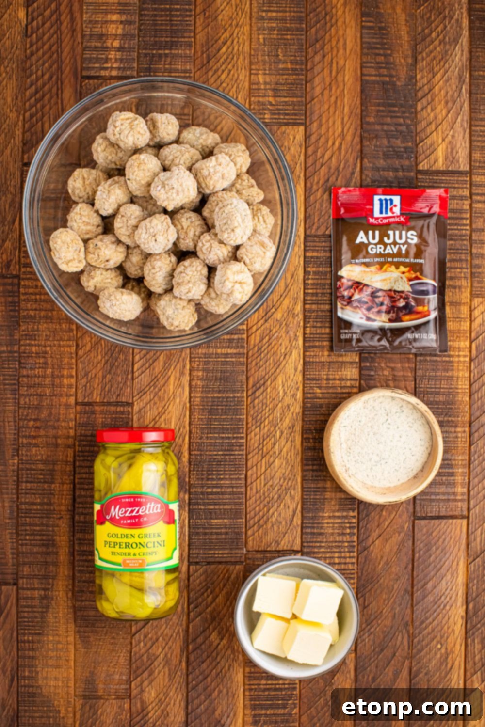 5 Ingredient Crockpot Mississippi Meatballs 9 ingredients to make Crockpot Mississippi Meatballs sitting on table in single serve containers