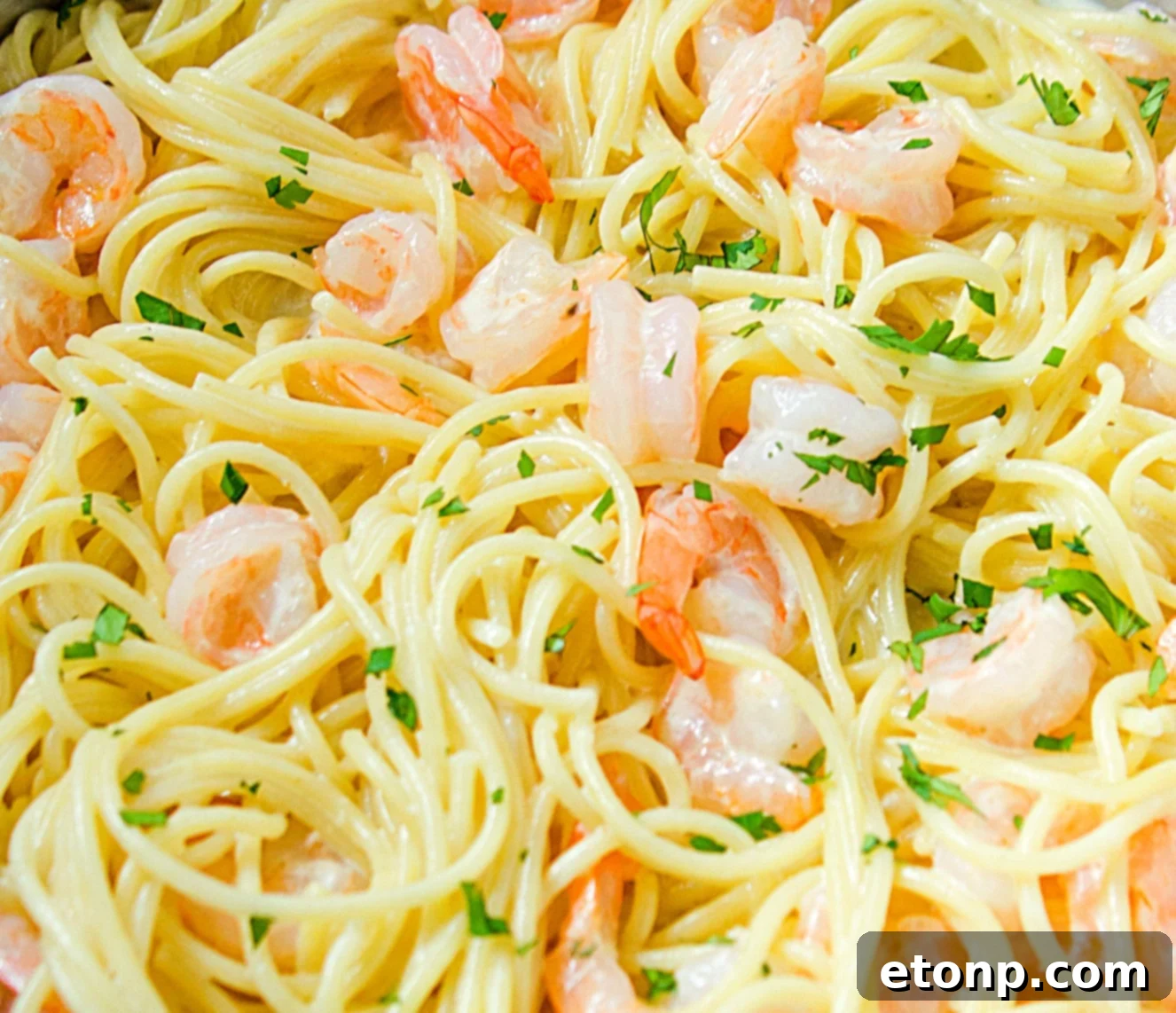 A close-up of the bubbling, creamy sauce in a skillet, filled with melted four-cheese blend and pasta.
