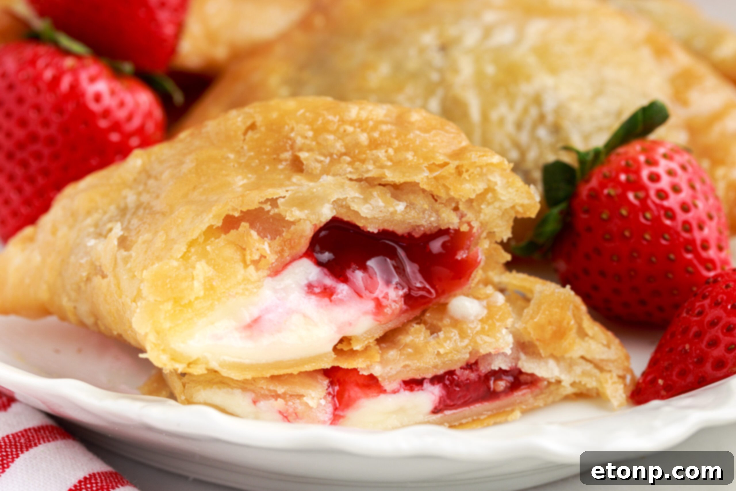 A deep fried strawberry cheesecake pie on a white dish, cut open to reveal the creamy cheesecake and vibrant strawberry filling.